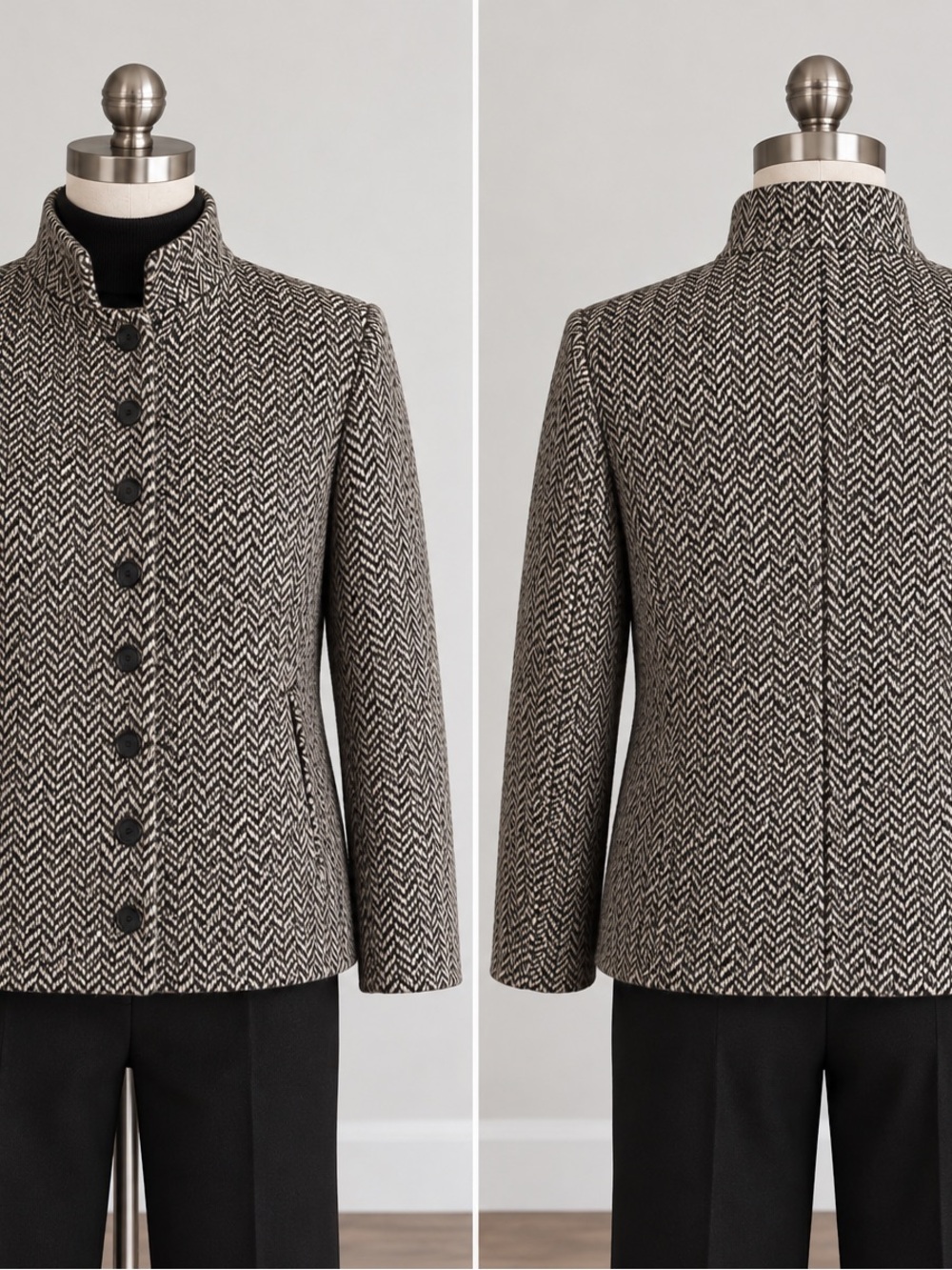 Dana Buchman Black & Cream Herringbone Stand-Collar Pea Coat